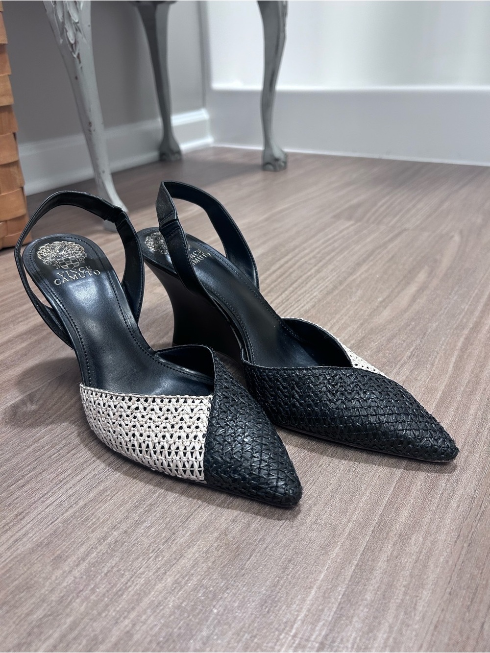 Vince Camuto Black and Cream Woven Pointed Slingback Heels